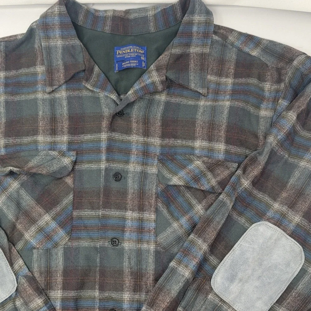 Pendleton Board‎ Shirt Wool Plaid Long Sleeve Men's XXL Elbow Patch